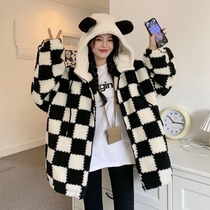 Checkerboard hooded lamb fleece jacket womens autumn and winter all-match quilted thickened loose mid-length polar fleece top