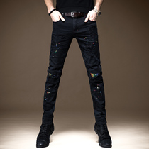 Hip hop splashdown new jeans Mens body Little footed Korean version Trend European and American Chauffaters Hole Patch Pants Men