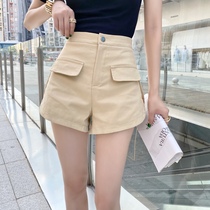 2021 vintage small man high waist solid color overalls wild loose A word casual wide leg split shorts womens summer