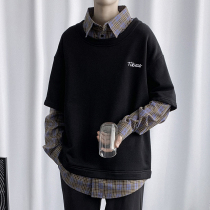 High-grade shirt mens autumn and winter niche design salt Japanese fake two-piece stacked coat couple fried street sweater