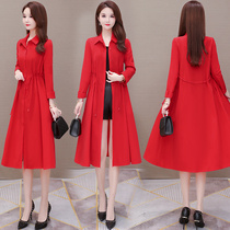 Big red long knee trench coat coat female 2021 Spring and Autumn New temperament slim thin lady coat