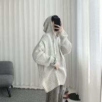 Light gray knit sweater sweater men 2021 personality hooded Han Chun autumn loose academic style pullover sweater men