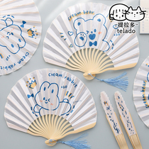 Tirado cute cartoon folding fan Wooden tassel ins small fan Summer girls and children will shake the fan hand in hand