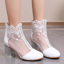 Slim Slim Cool Boots Hollowed-out Short Boots Genuine Leather Spring Autumn 2022 New Coarse Heel Mesh Yarn High Heel Shoes Big Code Women Shoes 40-42