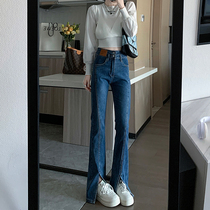 Micro horn split jeans female 2021 Spring and Autumn new small man high waist slim design sense fork mop floor pants