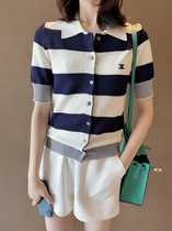 Classic navy style striped knitted short-sleeved lapel top Super breathable not sultry slim-fit polo shirt