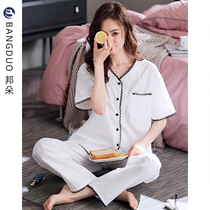Woven cotton yarn cloth pajamas womens summer pure cotton short-sleeved trousers 2021 new womens summer thin home clothes