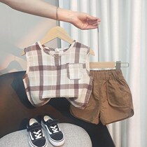 Boys suit summer clothes 2021 new male baby handsome summer plaid vest little boy thin sleeveless clothes