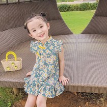 2021 spring and summer new girls small children foreign-style flowers ruffled princess skirt flying sleeve cheongsam skirt skirt