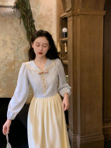 Peach can be ◆ Rabbit Picking Stars Early Fall 2022 New Navy Collar Long Sleeve French Womens Dress
