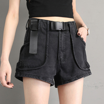 Black denim shorts womens 2021 summer fashion new Hong Kong taste thin high waist Korean version loose a word hot pants tide