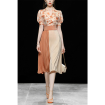 HiSunday summer dress new printing lantern short sleeve coat high waist pleat splicing large swing half skirt suit