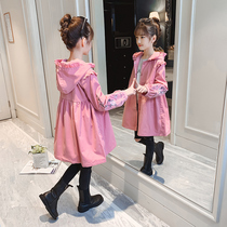 Girls autumn dress long coat childrens foreign style jacket autumn girl Korean version of medium and large childrens clothing hooded trench coat tide