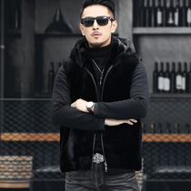 New Mink Fur Mark Card Coat Men Black Vest Horse Clamp Casual Zipping Cap Cover in Winter