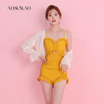 One-piece swimsuit women's hot spring 2021 new ins wind conservative thin belly flat angle long sleeve small chest swimming suit