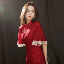 Cheongsam toast dress bride female wine red summer spring and autumn lace dress Back door wedding dress engagement