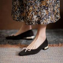 Sycamore big tree good-looking Korean version of pearl bow single shoes 2021 autumn new thick-heeled low-heeled flats