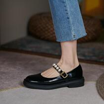 Sycamore big tree good-looking Korean version of pearl belt buckle single shoes 2021 autumn new thick-heeled mid-heel four seasons shoes