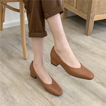 Korean style simple versatile single shoes square head thick heel middle heel four season shoes ~