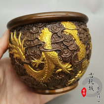  Antique miscellaneous bronze collection Antique copper gilt dragon and phoenix cylinder Forbidden City cylinder Home Feng Shui decoration decoration