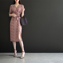 Canary Kiss floral dress female 2021 summer new temperament v-neck short-sleeved waist lace-up midi skirt