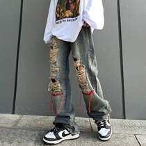 OOTDstudio Han Prints HIP HOP Hip Hop American High Street Broken Cave Jeans Straight Barrel Casual Long Pants Men and women