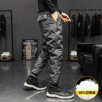 Down pants men wear thickened northeast winter outdoor warm pants youth thin waist white duck cotton pants