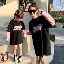  Xixi mother parent-child fake two-piece T-shirt tide mother and daughter 2021 spring and Autumn new mother and daughter long-sleeved top