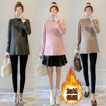 Net red pregnant women base shirt autumn and winter plus velvet thickened stitching lace collar fake two sweet warm inner top women