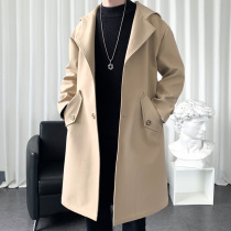 Khaki windbreaker men Spring and Autumn Tide brand ins loose lapel coat light mature wind long cloak coat autumn
