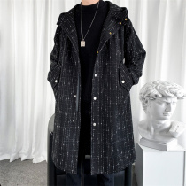 Small fragrant wind woolen coat mens 2021 New Tide ins Super fire hooded trench coat long woolen casual coat