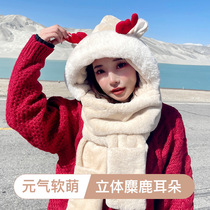 Autumn and winter Korean hat scarf gloves one-piece warm plush cute student antler Christmas hat three-piece set