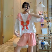 Pajamas female student Korean ins summer suit sweet cute short sleeve short sleeve Net red summer loose home clothes