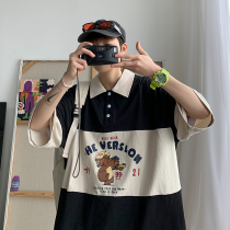 Polo shirt mens short-sleeved summer Port wind Japanese t-shirt trend lapel T-shirt tide brand cartoon printing stitching half sleeve