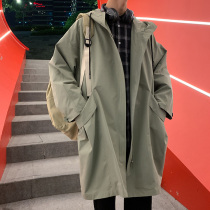 Medium long style wind clothes mens Han version trendy 100 hitch loose even hat jacket autummy jacket Chauded jacket Chauded autumn jacket