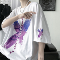 Grimace print short-sleeved T-shirt mens ins tide brand loose large size T-shirt summer half sleeve trend wild five-point sleeve