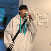 Hooded plus velvet sweater men autumn winter ins Ruffian top 2021 New loose Joker print couple jacket