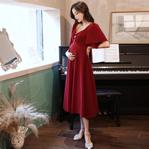 Pregnant women toast clothes Brides can usually wear wedding thank-you party dresses Large size burgundy dress summer thin section