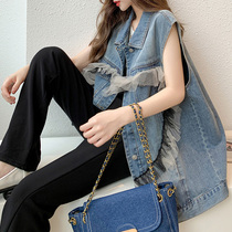 Mesh stitching denim top Womens design sense niche sleeveless waistcoat vest jacket early autumn new vest wear outside