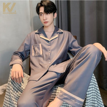 Silk pajamas mens spring and autumn long sleeves long pants solid color two-piece set of high-end cardigan mulberry silk mens home wear thin