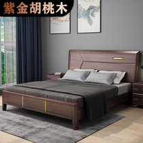 Walnut solid wood bed Master bedroom double 1 8-meter bed Modern simple new Chinese style high box storage wedding bed 1 5