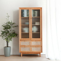 Japanese style simple wood bookcase Nordic rattan living room wine cabinet homestay small apartment study log storage storage cabinet