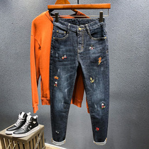 2021 autumn new mens jeans Tide brand embroidered mens pants elastic slim feet spring and autumn casual pants