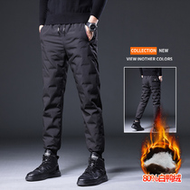 Down pants mens winter wear plus velvet padded white duck velvet pants outdoor sports cotton pants fold closure