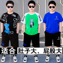 Fat Boy Summer Short Sleeve Sports Suit CUHK Tong Fat Increase Code Loose Summer Loaded Pure Cotton T-shirt Two Sets 9