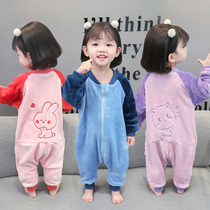 Baby jumpsuit Flannel baby Spring and Autumn Winter childrens pajamas anti-cold coral velvet anti-kick sleeping bag