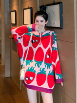 2021 sweater women wear Foreign style lazy wind loose Korean version of European heavy industry strawberry hooded coat head