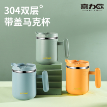 Stainless steel mug with lid spoon coffee cup for boys and girls home couple a pair of ins Wind office Cup