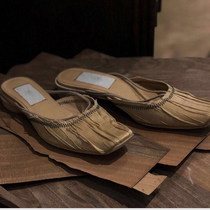 Peng tai Baotou Muller shoes slippers female summer 19 Net red same nude retro square head thick silk shoes