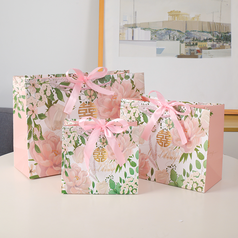 粉色牡丹花喜字礼品袋 新人伴手礼礼物袋子 高档婚礼手提袋